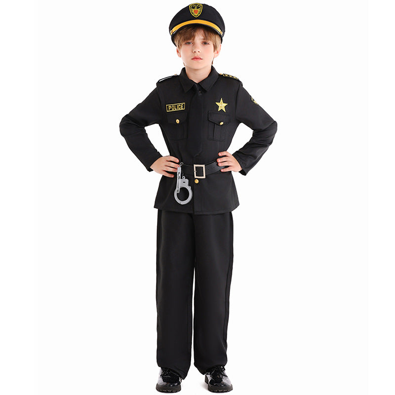 Halloween Kids Costume Black Police Officer Role Play Party Festival Performance Outfit for Boys